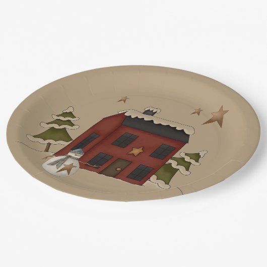 Primitieve rode koloniale woning met sneeuwman papieren bordje (Gekanteld)