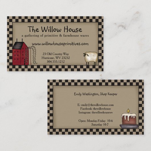 Primitieve Saltbox House en Willow Tree Editable Visitekaartje (Voorkant / Achterkant)