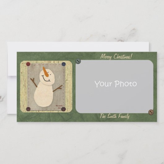 Primitieve Sneeuwman Kerstmis Fotokaart Feestdagenkaart (Voorkant)
