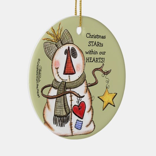 Primitieve sneeuwman met hart en ster keramisch ornament (Rechts)