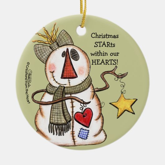 Primitieve sneeuwman met hart en ster keramisch ornament (Voorkant)