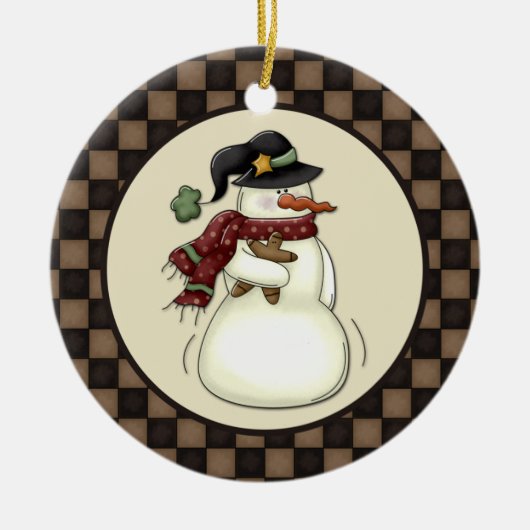 Primitieve Sneeuwman Peperkoekman Keramisch Ornament (Voorkant)