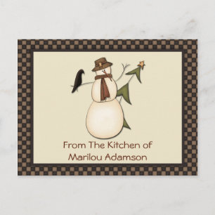 Primitieve Snowman- en Crow Recipe-kaarten Briefkaart