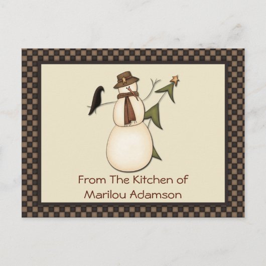 Primitieve Snowman- en Crow Recipe-kaarten Briefkaart (Voorkant)