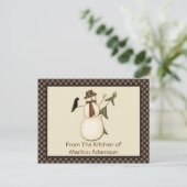 Primitieve Snowman- en Crow Recipe-kaarten Briefkaart (Staand voorkant)