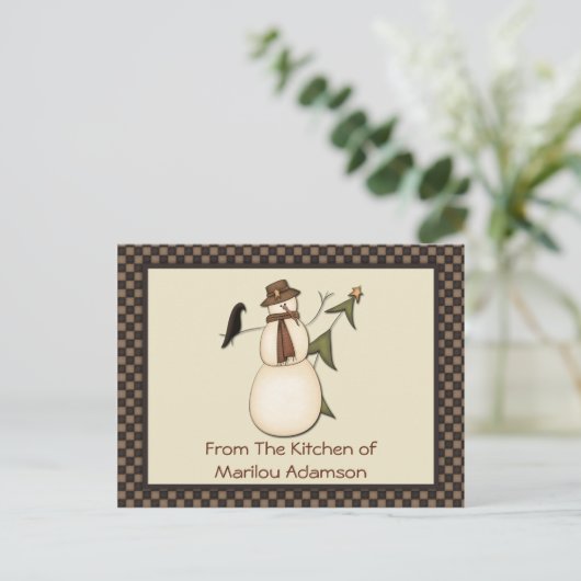 Primitieve Snowman- en Crow Recipe-kaarten Briefkaart (Staand voorkant)
