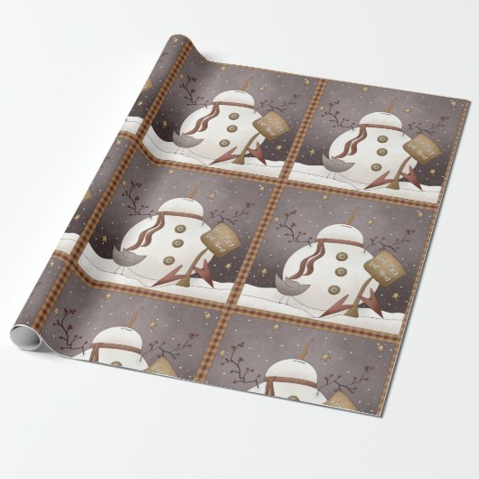 Primitieve Snowman en Homespun Wrapping Paper Cadeaupapier (Uitgerold)