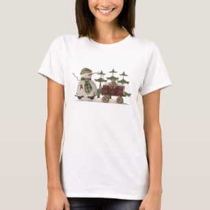 Primitieve Snowman en Teddy Bear Wagon T-shirt