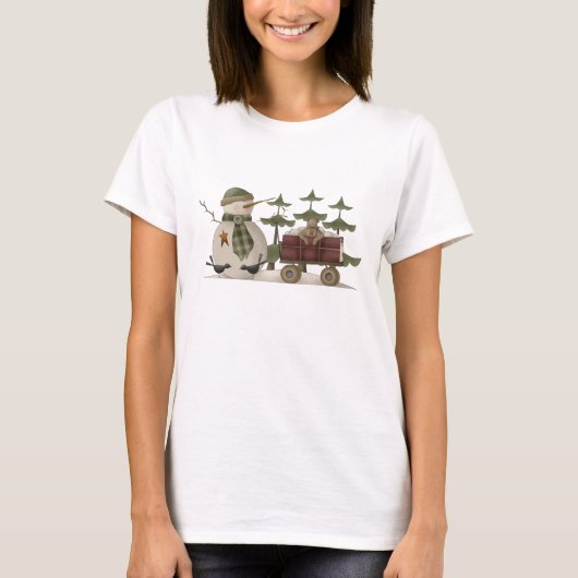 Primitieve Snowman en Teddy Bear Wagon T-shirt (Voorkant)