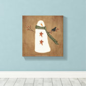 Primitieve Snowman Stretched Canvas Print (Insitu (Houten vloer))
