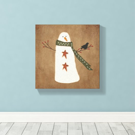 Primitieve Snowman Stretched Canvas Print (Insitu (Houten vloer))