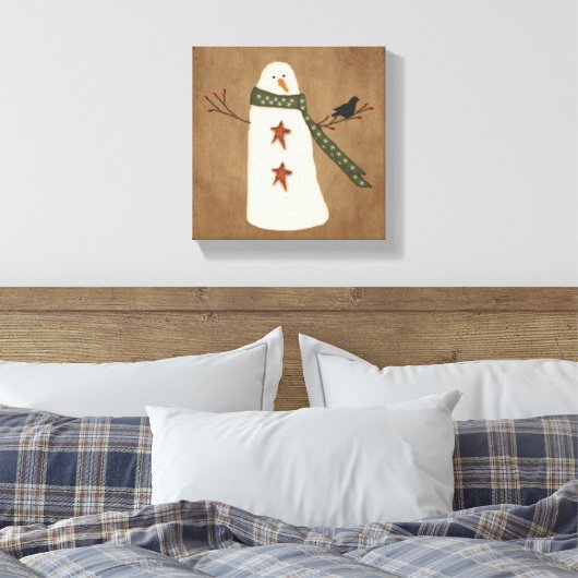Primitieve Snowman Stretched Canvas Print (Insitu (Slaapkamer))