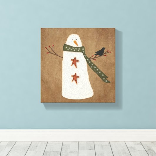 Primitieve Snowman Stretched Canvas Print (Insitu (Houten vloer))