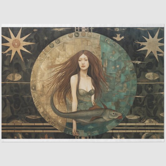 Primitieve zeemeermin met vis hemelse decoupage tissuepapier (Voorkant)