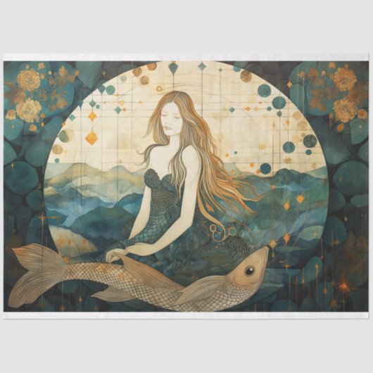 Primitieve zeemeermin met vis oceaan decoupage tissuepapier (Voorkant)