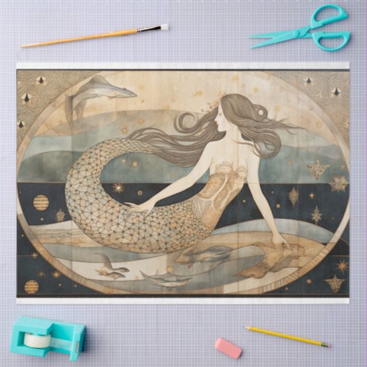 Primitieve zeemeermin Neutral Coastal Art Decoupag Tissuepapier (Craft)