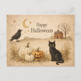Primitieve Zwarte Kat Folk Art Halloween Feestdagenkaart