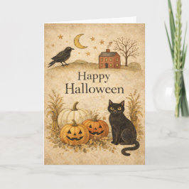 Primitieve Zwarte Kat Folk Art Halloween Kaart