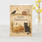 Primitieve Zwarte Kat Folk Art Halloween Kaart (Gele Bloem)