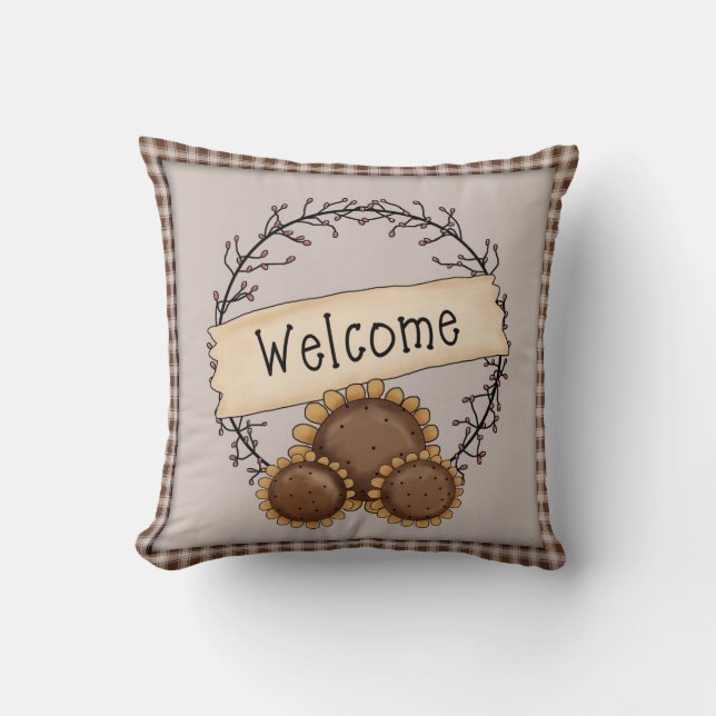 Primitive Country Sunflower Welcome Wreater Kussen (Voorkant)