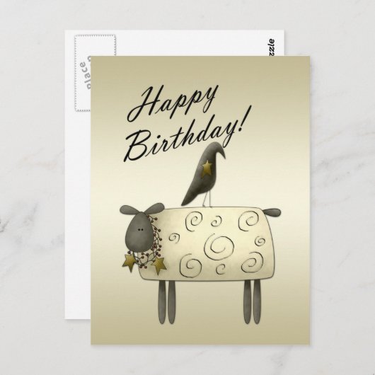 Primitive Crow and Sheep Birthday Briefkaart (Voorkant / Achterkant)