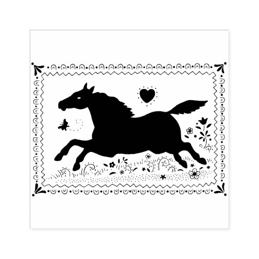 PRIMITIVE FOLK ART RUNNING HORSE, SILHOUETTE RUBBERSTEMPEL (Afrduk)