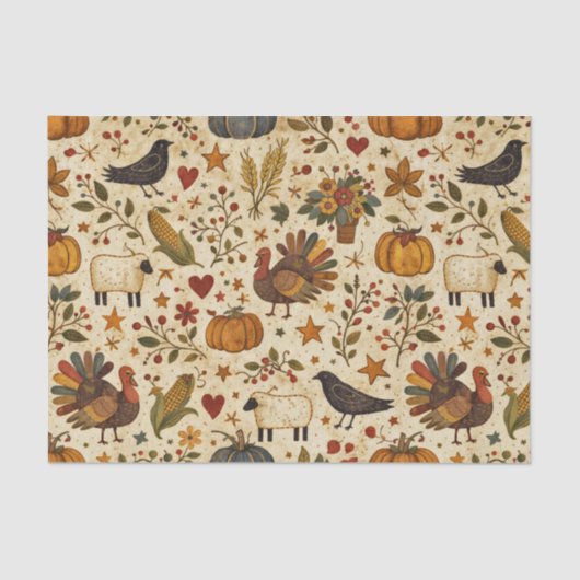 Primitive Folk Art Thanksgiving Tissuepapier (Voorkant)