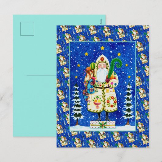 PRIMITIVE FOLKART BALTIMORE QUILT FATHER CHRISTMAS FEESTDAGENKAART (Voorkant / Achterkant)