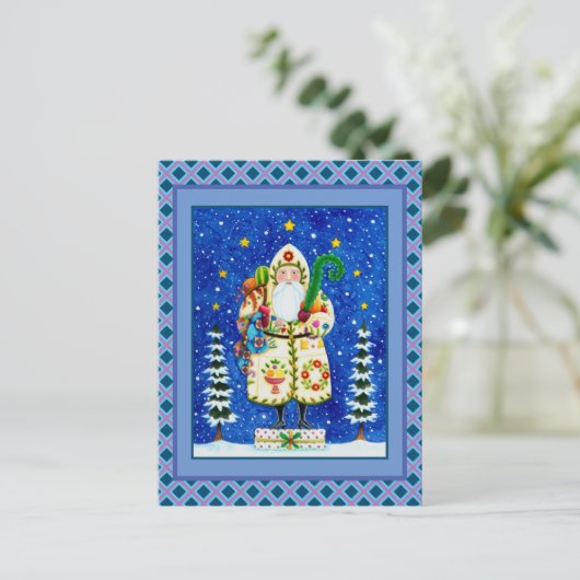 PRIMITIVE FOLKART BALTIMORE QUILT FATHER CHRISTMAS FEESTDAGENKAART (Staand voorkant)