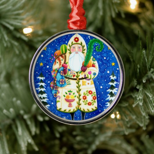 PRIMITIVE FOLKART BALTIMORE QUILT FATHER CHRISTMAS METALEN ORNAMENT (Boom)