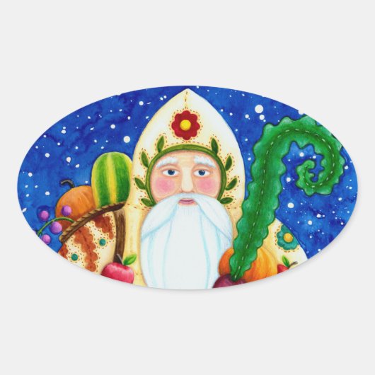 PRIMITIVE FOLKART BALTIMORE QUILT FATHER CHRISTMAS OVALE STICKER (Voorkant)