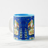 PRIMITIVE FOLKART BALTIMORE QUILT FATHER CHRISTMAS TWEEKLEURIGE KOFFIEMOK (Voorkant links)