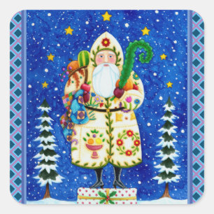 PRIMITIVE FOLKART BALTIMORE QUILT FATHER CHRISTMAS VIERKANTE STICKER