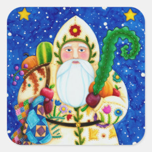 PRIMITIVE FOLKART BALTIMORE QUILT FATHER CHRISTMAS VIERKANTE STICKER