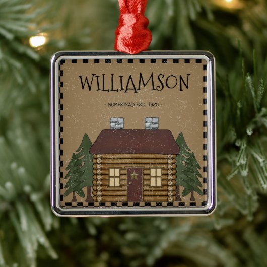 PRIMITIVE LOG CABIN FAMILY NAME PERSONALISEERD METALEN ORNAMENT (Boom)