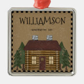 PRIMITIVE LOG CABIN FAMILY NAME PERSONALISEERD METALEN ORNAMENT (Voorkant)