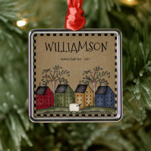 PRIMITIVE SALTBOX HOUSE FAMILIE NAME RUSTIC METALEN ORNAMENT
