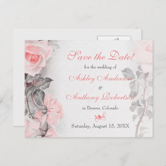 Primose Roze Rose Bruiloft Save the Date Aankondigingskaart (Voorkant / Achterkant)