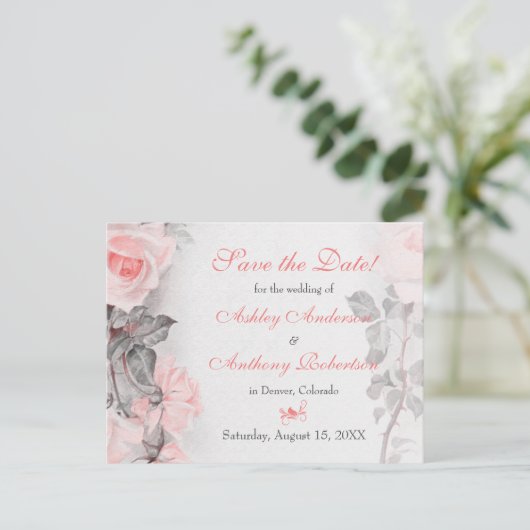 Primose Roze Rose Bruiloft Save the Date Aankondigingskaart (Staand voorkant)