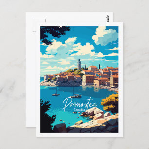 Primosten Kroatië vintage reisillustratie Briefkaart