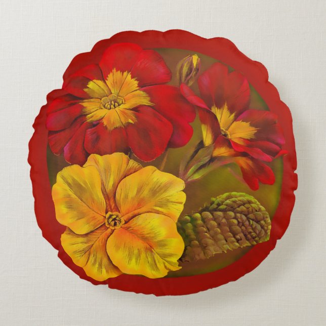 Primrose rode gele groene stulg rond kussen (Voorkant)