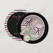 Primrose roze bloemen vetstrepen Monogram Save The Date (Voorkant / Achterkant)