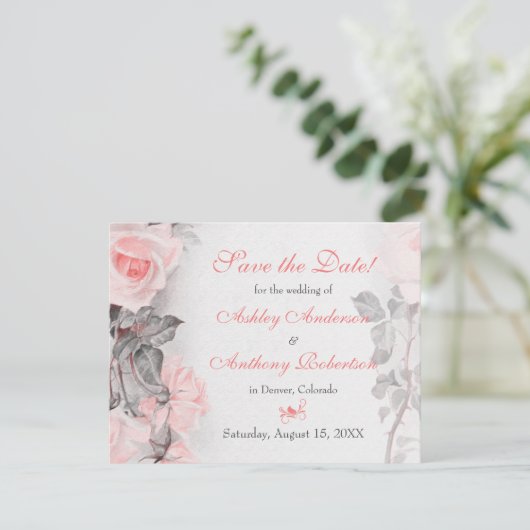 primrose roze rozen bruiloft sparen Datum Save The Date (Staand voorkant)