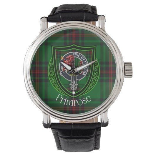 Primrose Scottish Clan Tartan & Crest Horloge (Voorkant)