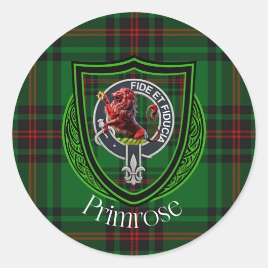Primrose Scottish Clan Tartan & Crest Ronde Sticker (Voorkant)
