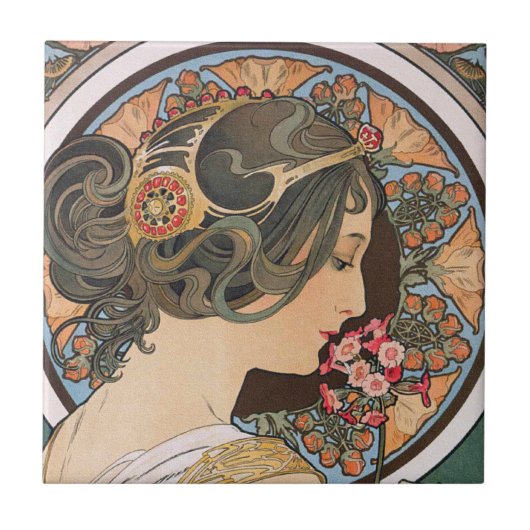 Primrose van Alphonse Mucha -  Art Nouveau Tegeltje (Voorkant)
