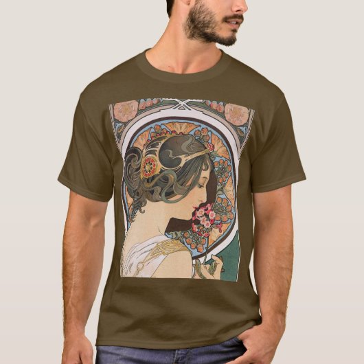 Primrose van Mucha -  Floral Art Nouveau T-shirt (Voorkant)