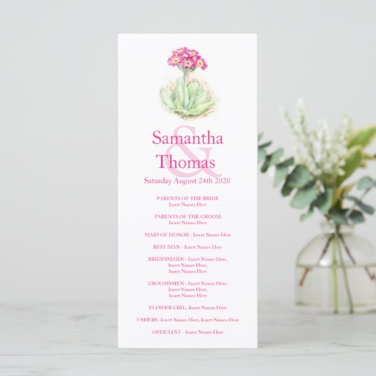 Primrose waterverf roze bruiloft programma rack ka programmakaart (Staand voorkant)