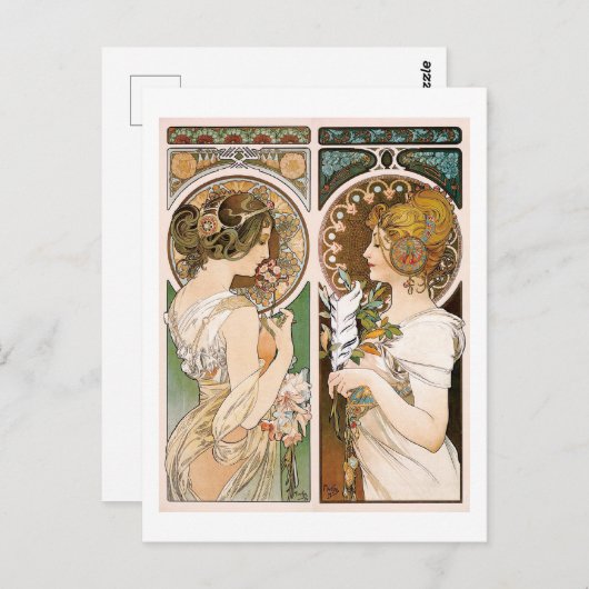 Primroses and Feather, Mucha Briefkaart (Voorkant / Achterkant)