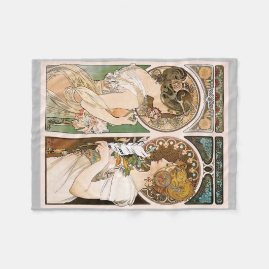 Primroses and Feather, Mucha Fleece Deken (Voorkant (Horizontaal))